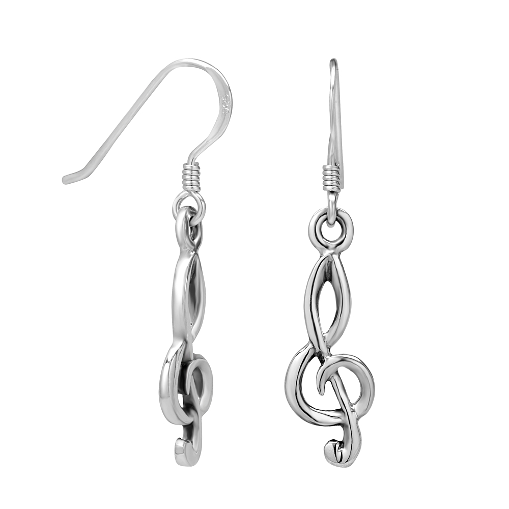Suvani Jewelry - เงินแท้ 92.5% ต่างหูห้อย ตัวโน๊ต Treble Clef เงินเรียบ ต่างหูเงินแท้