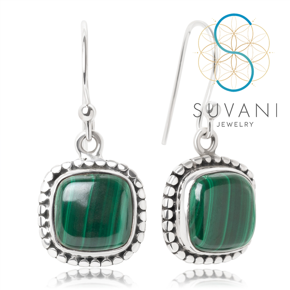 SUVANI เงินแท้ 92.5% ต่างหูหินมาลาไคต์ สีเขียว (Malachite) ทรงสี่เหลี่ยม ต่างหูห้อย เครื่องประดับเงินแท้