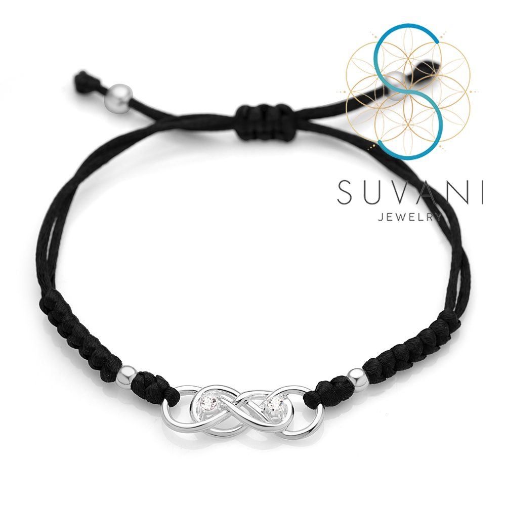SUVANI เงินแท้ 92.5% สร้อยข้อมือเชือกถักสีดำ สร้อยข้อมืออินฟินิตี้ สัญลักษณ์ของความรักที่ไม่มีสิ้นสุด ประดับด้วยเพชรรัสเซีย เครื่องประดับเงินแท้