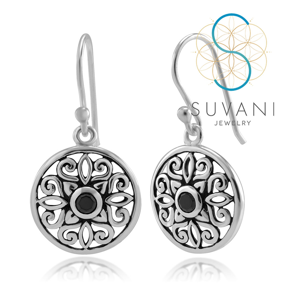 SUVANI ต่างหูเงินแท้ 92.5% ต่างหูแมนดาลา (mandala) ประดับด้วยหินโอนิกซ์สีดำ ต่างหูห้อย เครื่องประดับเงินแท้