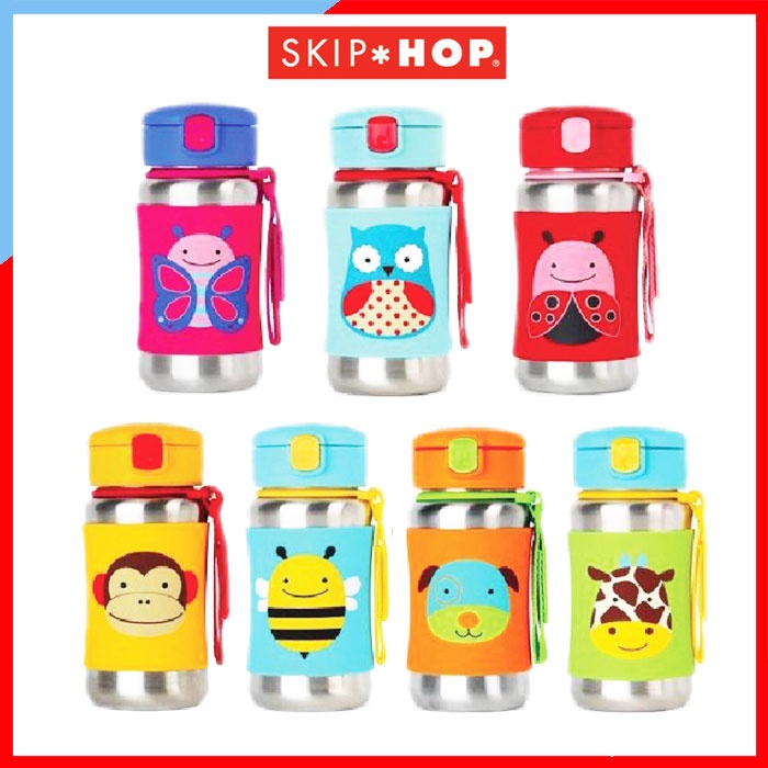 ของแท้ Skip Hop Zoo Stainless Steel Straw Bottle กระติกน้ำสแตนเลส แข็งแรง หุ้มซิลิโคนจับง่ายไม่หลุดมือ พร้อมหลอดดูด