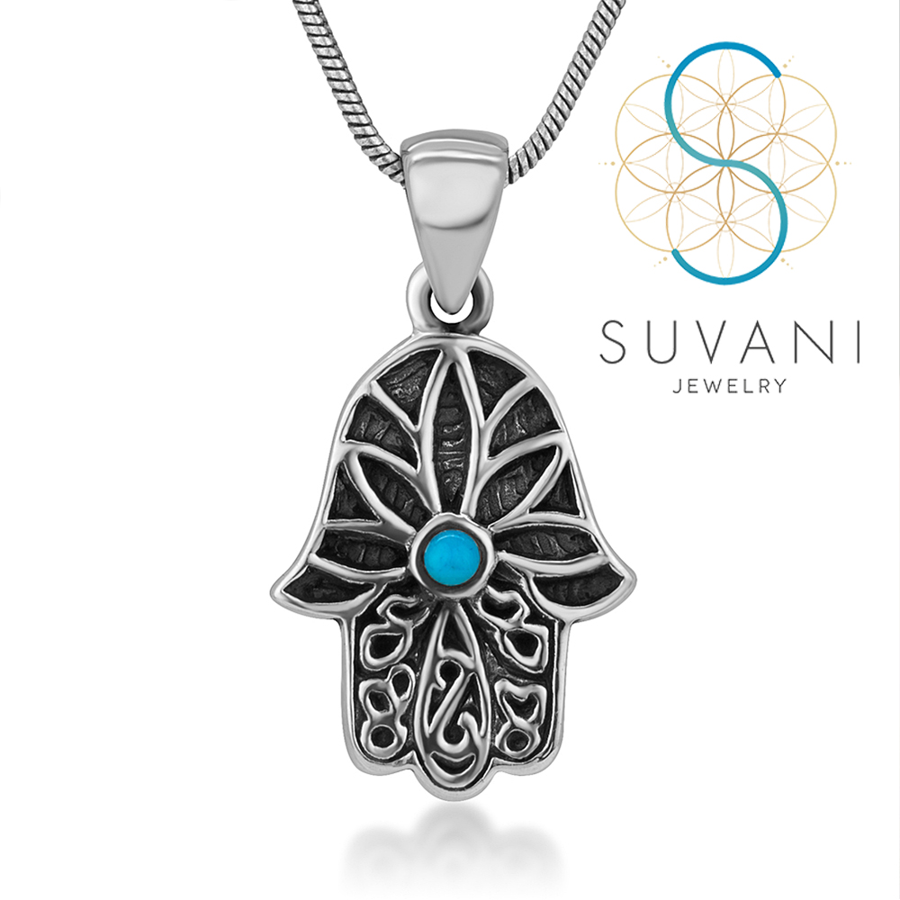 SUVANI เงินแท้ 92.5% จี้มือของพระเจ้า, จี้หัตถ์พระเจ้า ประดับด้วยหินเทอร์ควอยส์ จี้พร้อมสร้อยคอ เครื่องประดับเงินแท้
