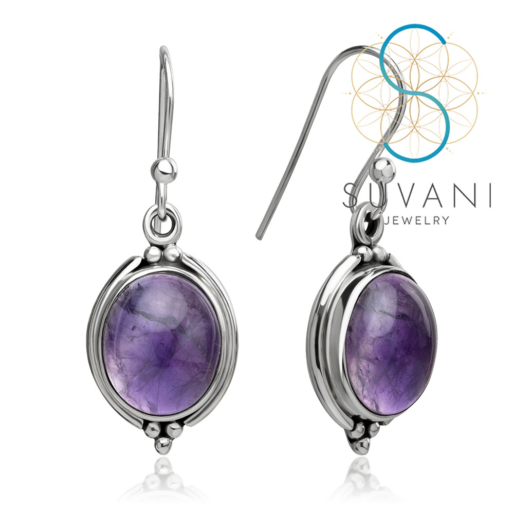 SUVANI เงินแท้ 92.5% ต่างหูหินอเมทิสต์ (Amethyst) หินสีม่วง ทรงวงรี ต่างหูห้อย เครื่องประดับเงินแท้