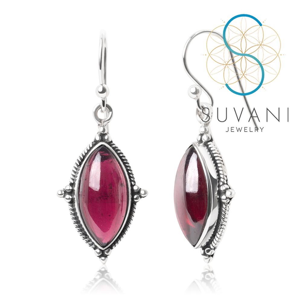SUVANI เงินแท้ 92.5% ต่างหูหินโกเมนสีแดง (Red Garnet) ต่างหูห้อย เครื่องประดับเงินแท้