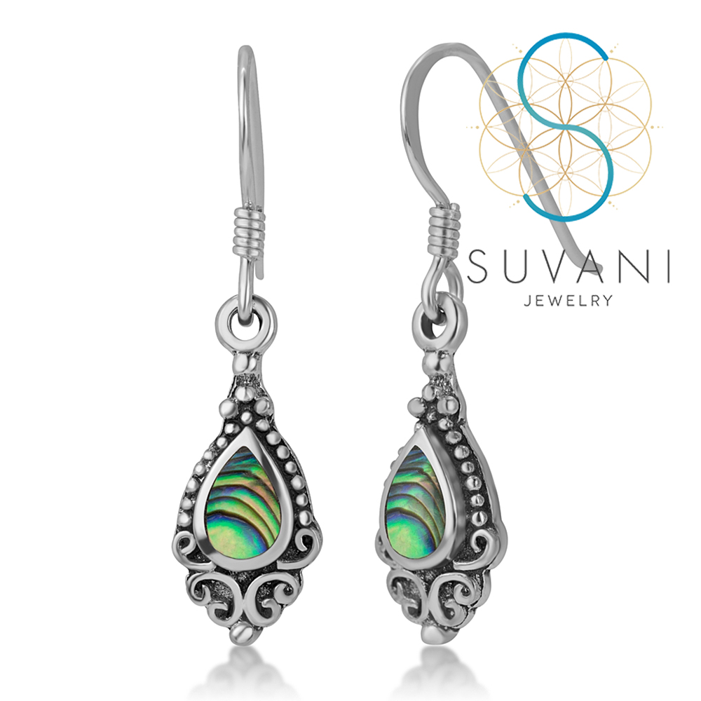 SUVANI เงินแท้ 92.5% ต่างหูสไตล์บาหลี ลายฟิลิกรี ฝังด้วยเปลือกหอยเป๋าฮือ (Abalone Shell) ต่างหูห้อย เครื่องประดับเงินแท้