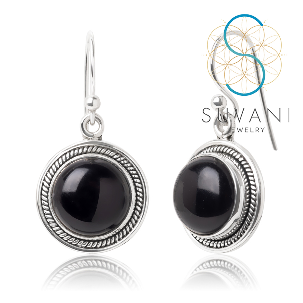 SUVANI เงินแท้ 92.5% ต่างหูหินโอนิกซ์ (Onyx) หินสีดำ ต่างหูห้อย เครื่องประดับเงินแท้