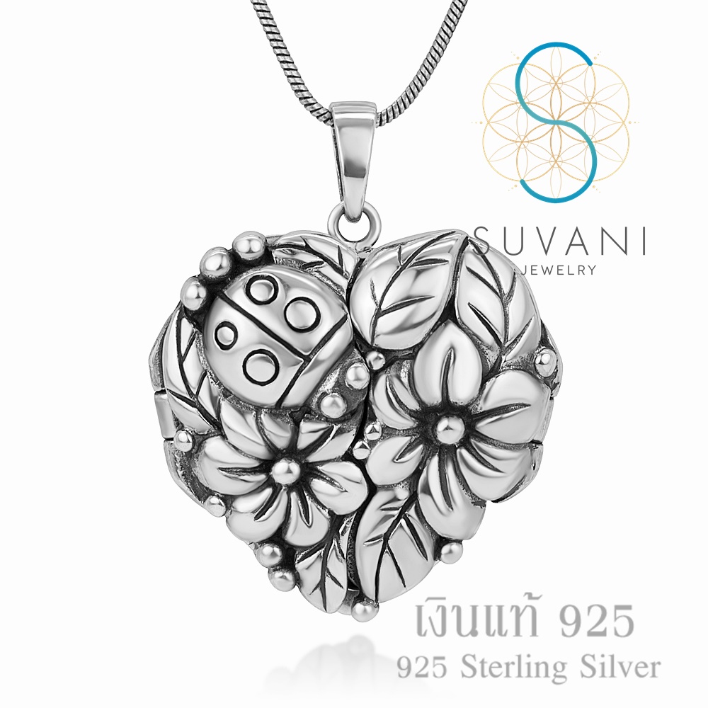 Suvani Jewelry - เงินแท้ 92.5% ล็อกเก็ตหัวใจ ใส่รูปได้ ลายแมลงเต่าทอง, ดอกไม้, ใบไม้ จี้พร้อมสร้อยคอเงินแท้