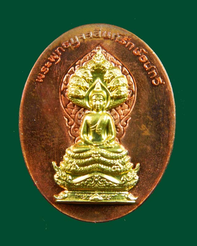 (พระประจำวันเสาร์) เหรียญนากปรก 7 เศียรพระพุทธมุจจลินท์รักษ์ธนทวี รุ่นมุจจลินท์มหาโภคทรัพย์ ปี 2557 ชุดร่วมสร้างหอฉันและถวายธรณีสงฆ์ เนื้อชนวนรวมใจหน้ากากทองระฆัง