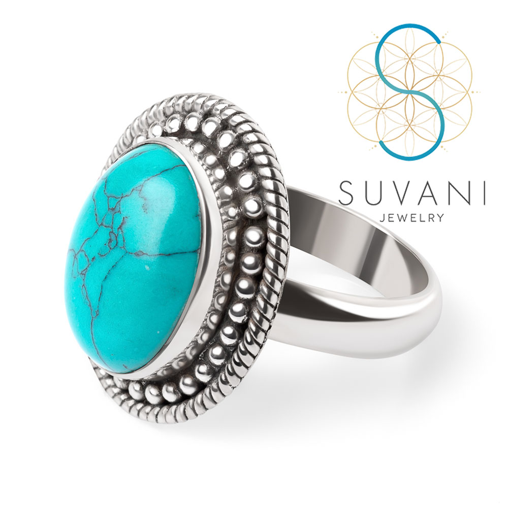 SUVANI เงินแท้ 92.5% แหวนหินเทอร์ควอยซ์ (Turquoise stone) แหวนไซส์ 6-9 เครื่องประดับเงินแท้