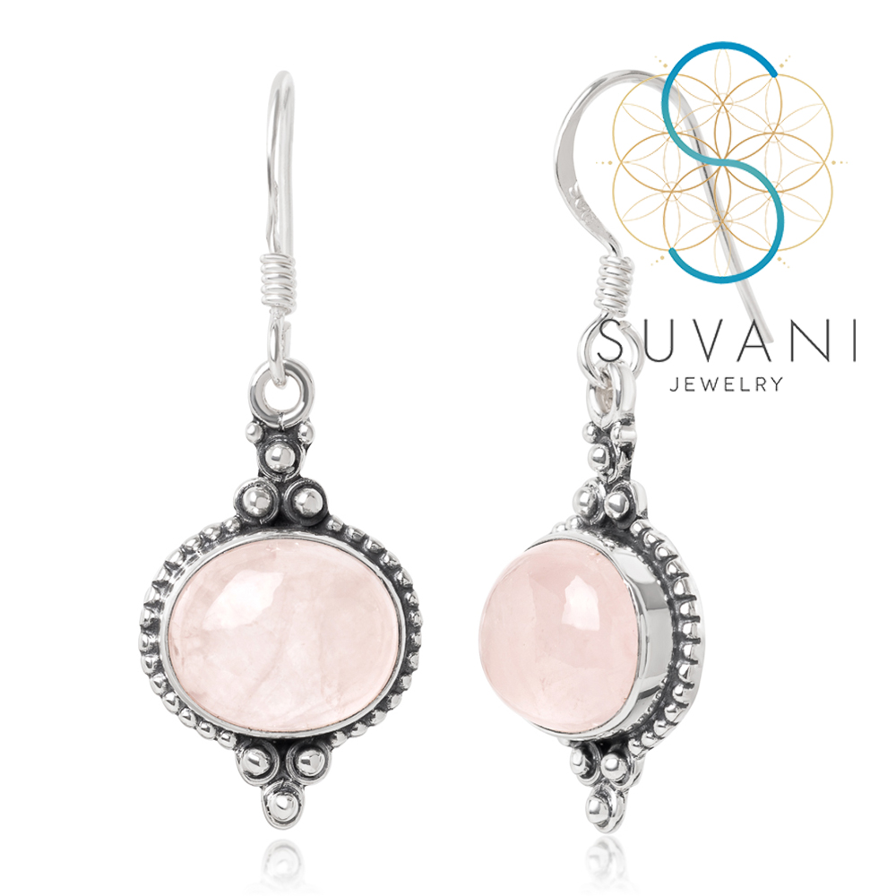SUVANI เงินแท้ 92.5% ต่างหูหินโรสควอตซ์ (Rose Quartz) หินแห่งความรัก หินสีชมพู ต่างหูห้อย เครื่องประดับเงินแท้