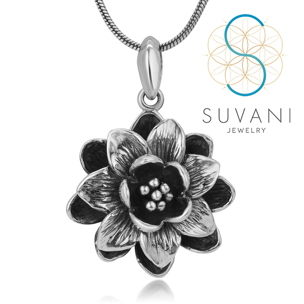 SUVANI เงินแท้ 92.5% จี้ดอกบัว 3D แนววินเทจ จี้พร้อมสร้อยคอ เครื่องประดับเงินแท้