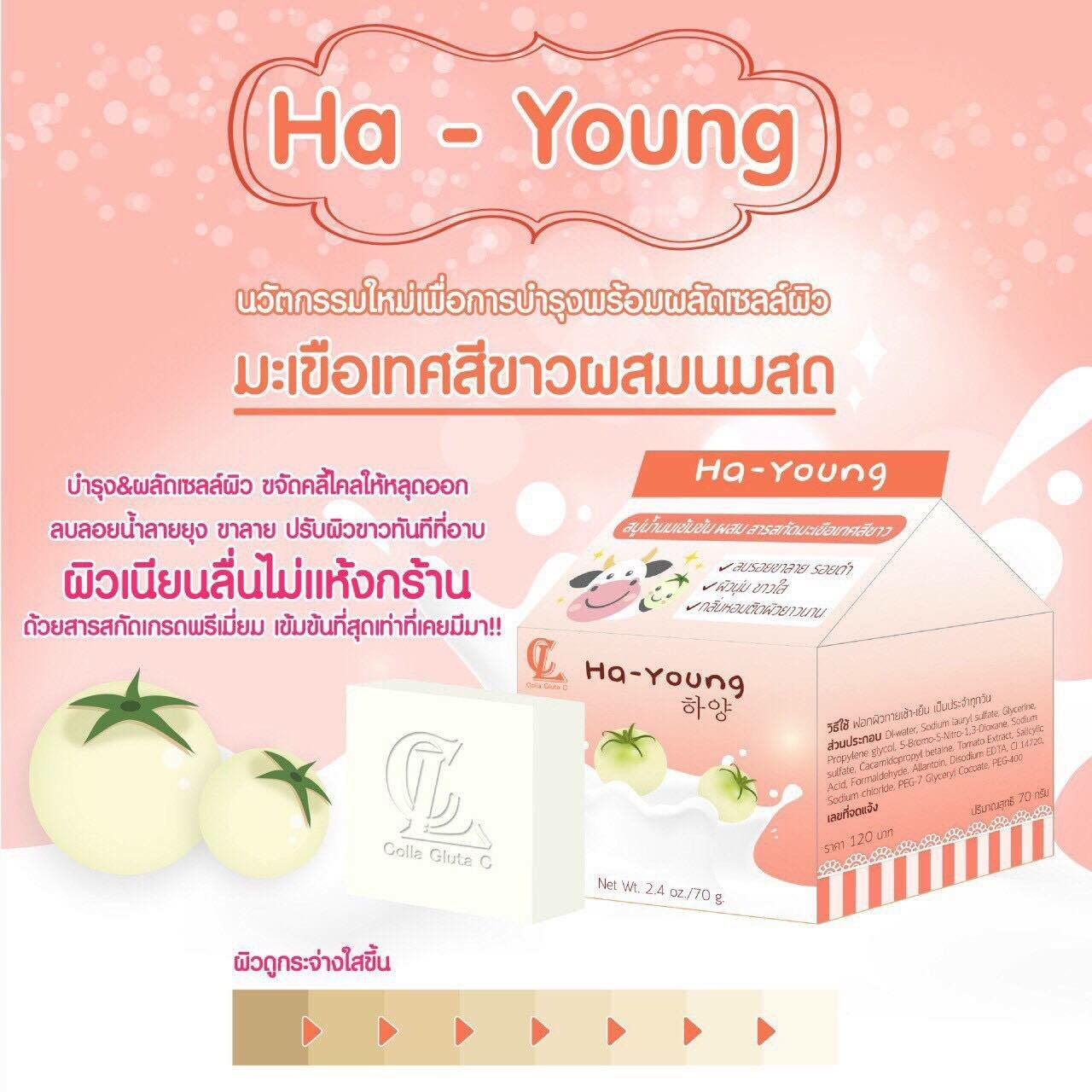Ha-young Soap 70 g. สบู่ฮายัง สบู่มะเขือเทศสีขาว ผสมนมสด ผิวขาวกระจ่างใส ดุจดั่งอาบน้ำนม