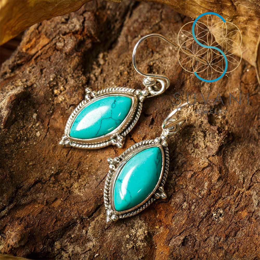 SUVANI เงินแท้ 92.5% ต่างหูหินเทอร์ควอยส์ (turquoise) หินสีฟ้า หินเสริมพลังอำนาจ ต่างหูห้อย เครื่องประดับเงินแท้