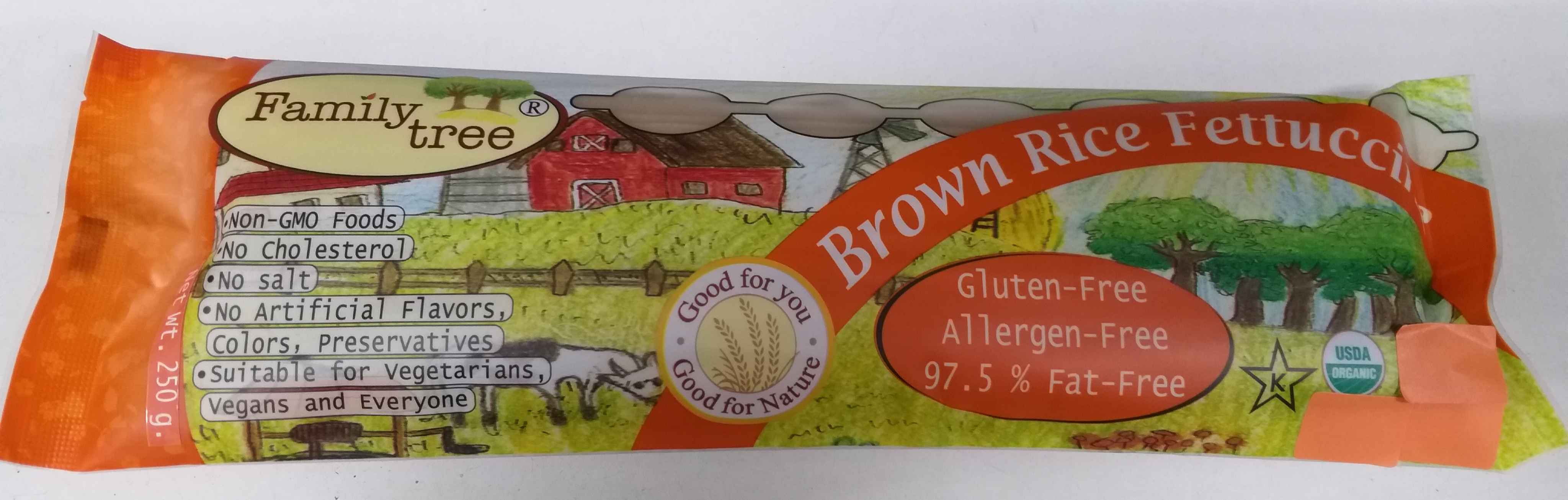 22-412-2100-1 เส้นผัดไทข้าวกล้องอินทรีย์เฟตูชินี่ เส้นเล็ก250 กรัม แฟมมิลี่ (ซองสีส้ม)