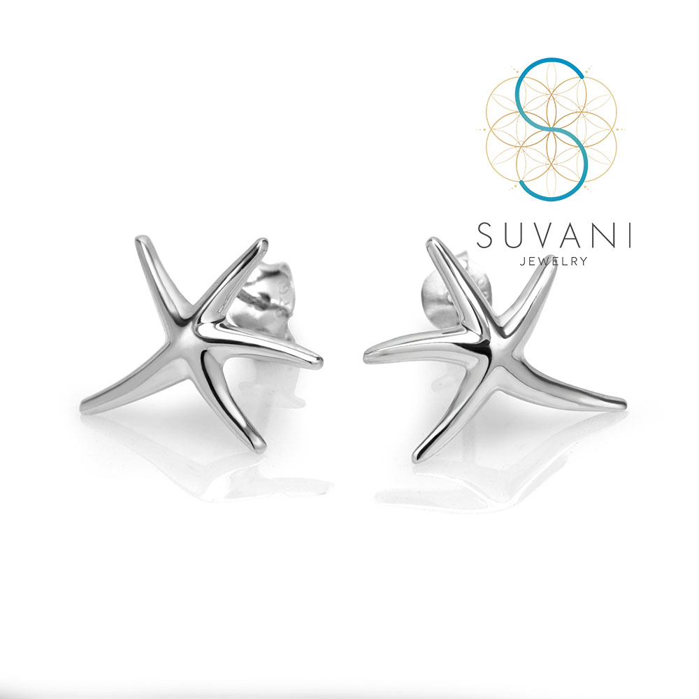 SUVANI เงินแท้ 92.5% ต่างหูปลาดาว แบบขัดเงา ต่างหูปักก้าน เครื่องประดับเงินแท้