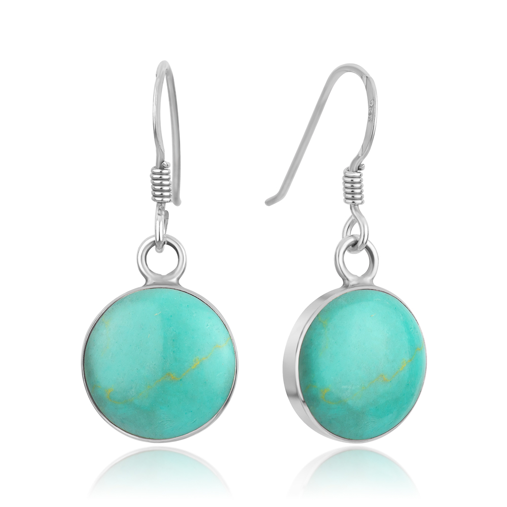 Suvani Jewelry - เงินแท้ 92.5% ต่างหูเทอควอยซ์สีฟ้า Turquoise ต่างหูห้อยทรงกลม ต่างหูเงินแท้