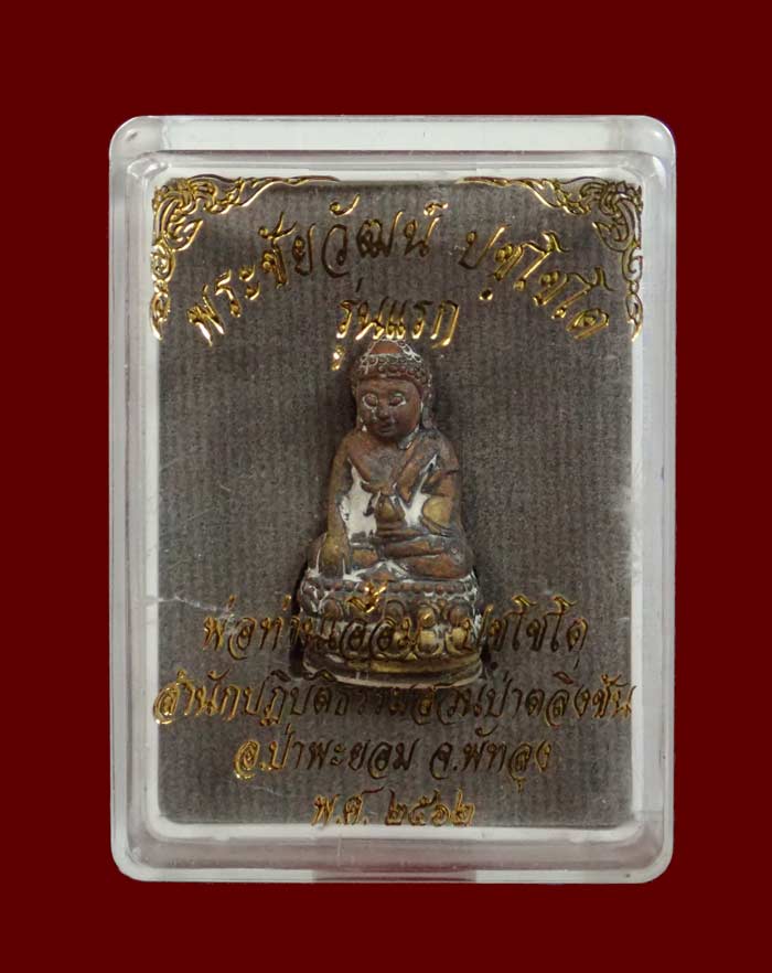 พระชัยวัฒน์ (รุ่นแรก) พ่อท่านเอื้อม ปชฺโชโต (พระครูอาทรธรรมพินิจ) สำนักปฎิบัติธรรมสวนป่าตลิ่งชัน พัทลุง ปี 2562 เนื้อโลหะก้นปิดแผ่นเงิน หมายเลข 173