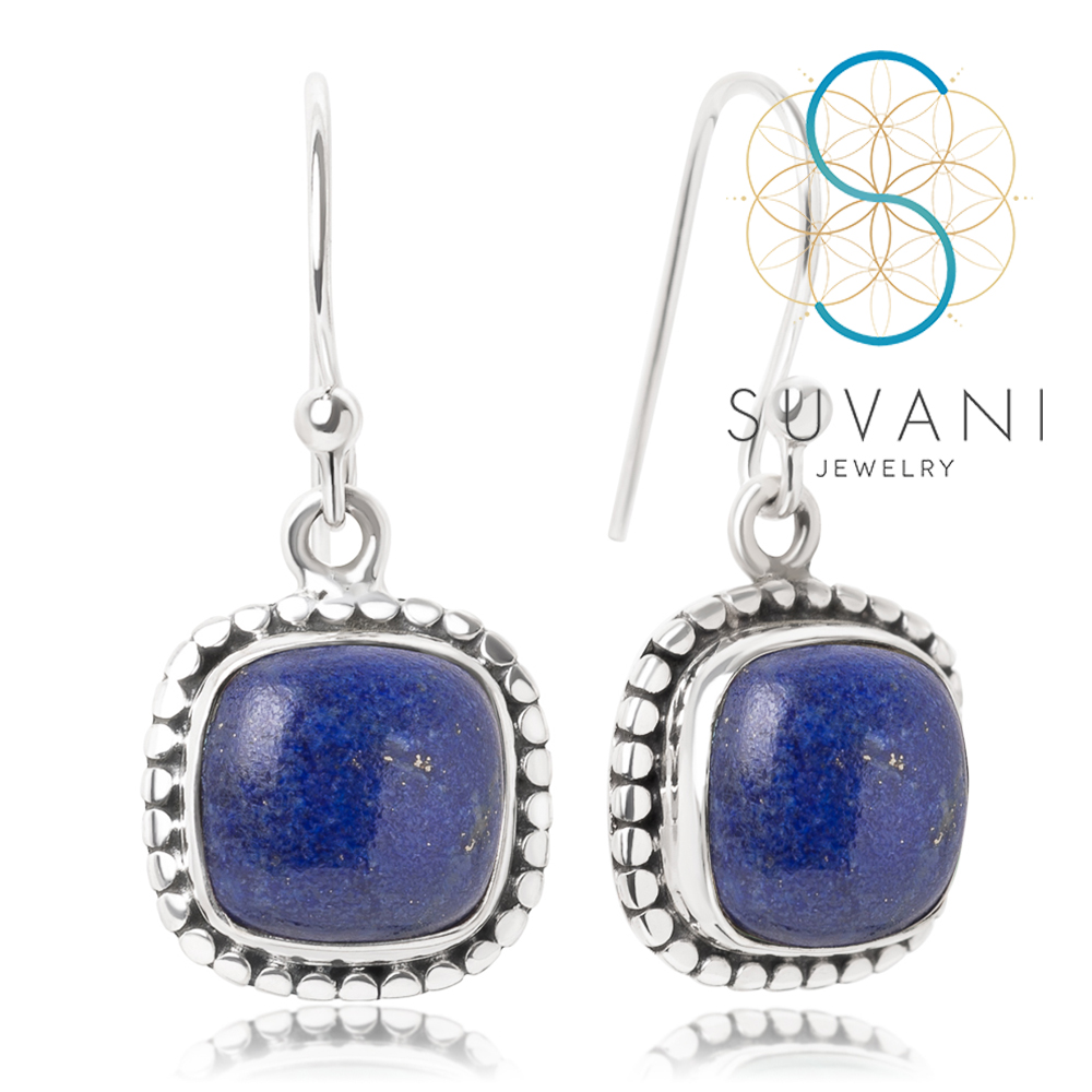 SUVANI เงินแท้ 92.5% ต่างหูหินลาพิส ลาซูลี (Lapis lazuli) หินแห่งสติปัญญา, อุดรูรั่วทางการเงิน ต่างหูห้อย เครื่องประดับเงินแท้