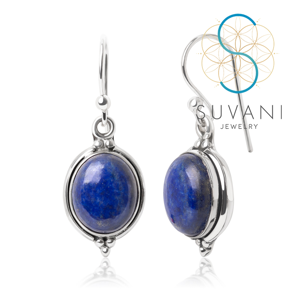 SUVANI เงินแท้ 92.5% ต่างหูหินลาพิส ลาซูลี (Lapis lazuli) หินแห่งสติปัญญา, อุดรูรั่วทางการเงิน ต่างหูห้อย เครื่องประดับเงินแท้
