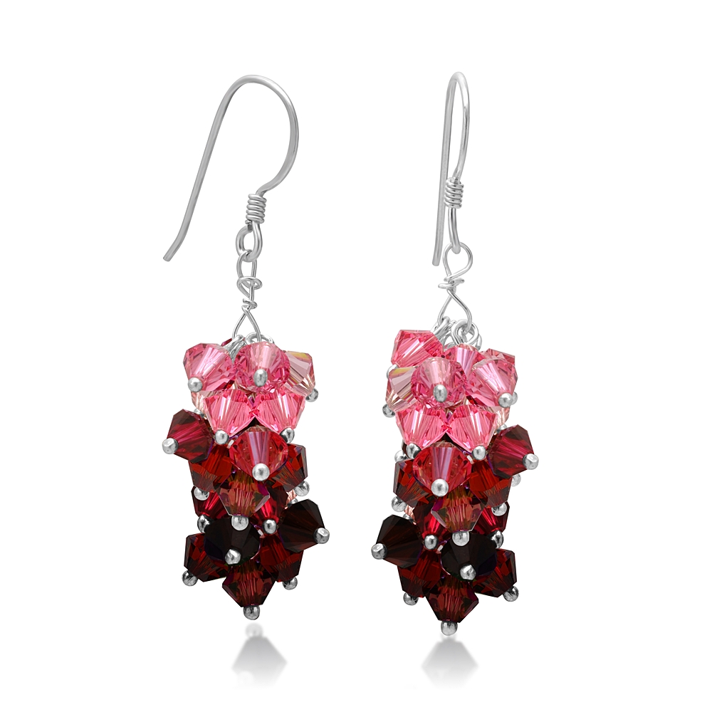 Suvani Jewelry - เงินแท้ 92.5% ต่างหูห้อยคริสตัล Crystal ทรงพวงองุ่น สีแดง ต่างหูเงินแท้