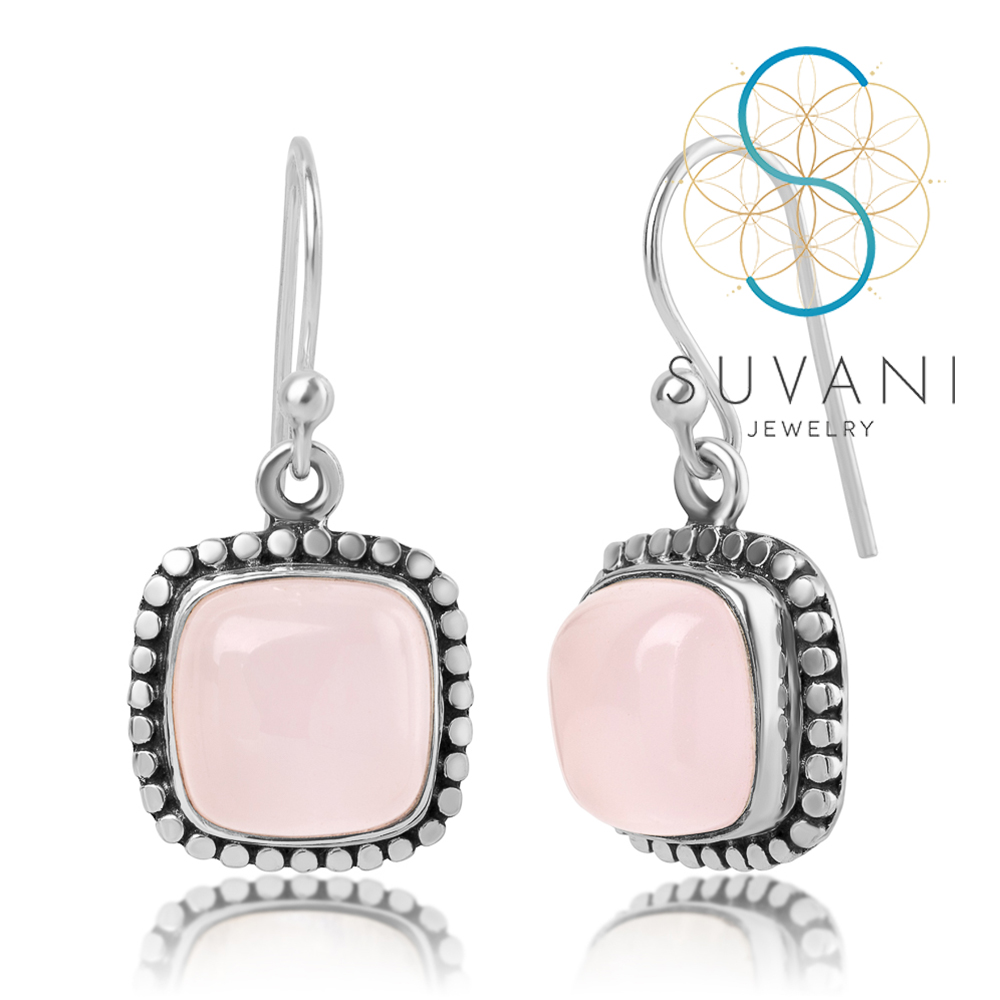 SUVANI เงินแท้ 92.5% ต่างหูหินโรสควอตซ์ (Rose Quartz) หินแห่งความรัก หินสีชมพู ต่างหูห้อย เครื่องประดับเงินแท้