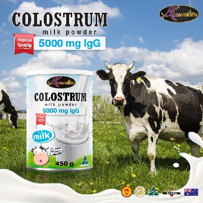 นมชง Auswelllife Colostrum Milk Powder Premium Quality 50000 mg lgG น้ำนมเหลืองแบบชงสูตรเข้มข้นจากออสเตรเลีย 450gm