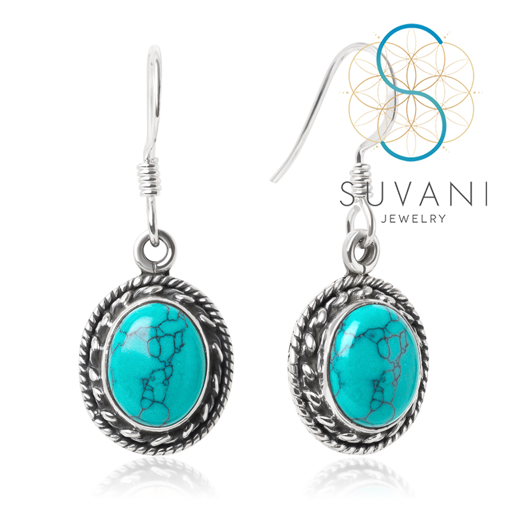 SUVANI เงินแท้ 92.5% ต่างหูหินเทอร์ควอยซ์ (turquoise) หินสีฟ้า หินเสริมพลังอำนาจ ต่างหูห้อย เครื่องประดับเงินแท้