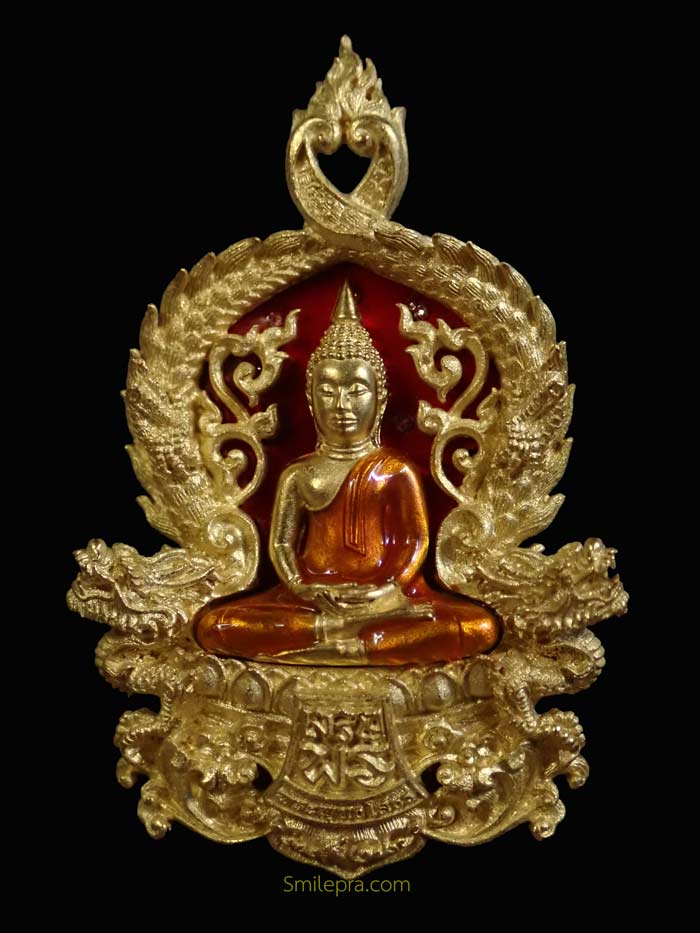 เหรียญพุทธศิลป์ฉลุ 3 ชิ้น หลวงพ่อโสธร จ.ฉะเชิงเทรา รุ่นเจริญพร ปี 2555 เนื้อทองระฆังลงยาสีแดงฝังเพชร 5 เม็ด พิมพ์ใหญ่ หมายเลข 234