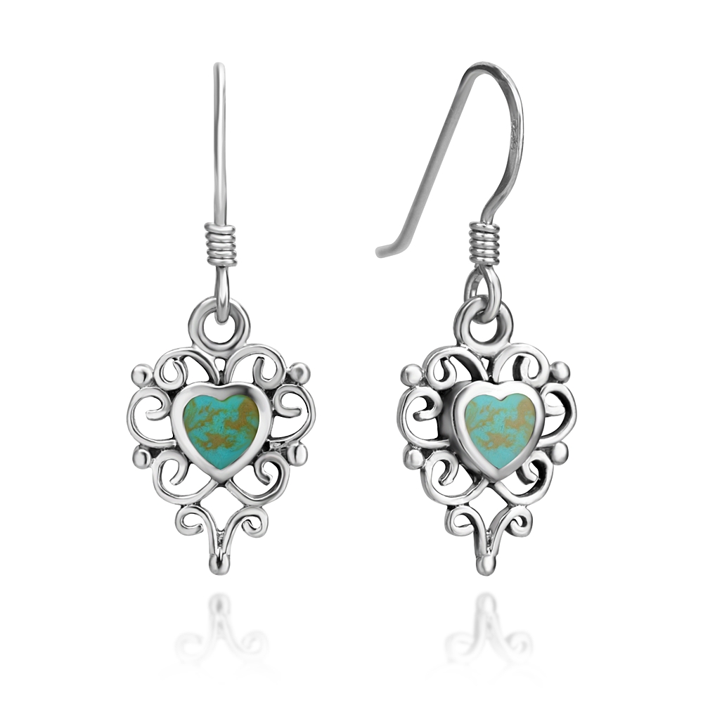 Suvani Jewelry - เงินแท้ 92.5% ต่างหูห้อยเทอควอยซ์สีฟ้า Turquoise รูปทรงหัวใจ ลายฟิริกรี ต่างหูเงินแท้