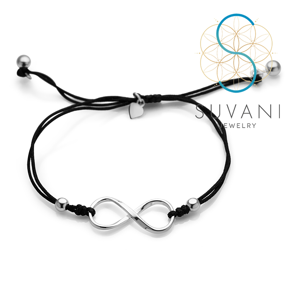 SUVANI เงินแท้ 92.5% สร้อยข้อมือเชือกสีดำ สร้อยข้อมืออินฟินิตี้ สัญลักษณ์ของความรักที่ไม่มีสิ้นสุด เครื่องประดับเงินแท้