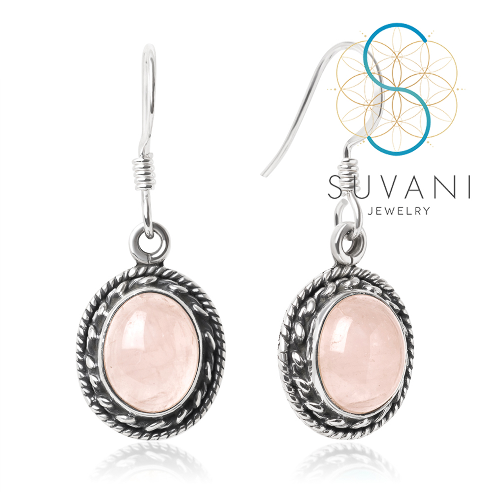 SUVANI เงินแท้ 92.5% ต่างหูหินโรสควอตซ์ (Rose Quartz) หินแห่งความรัก หินสีชมพู ต่างหูห้อย เครื่องประดับเงินแท้