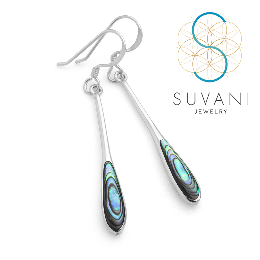 SUVANI เงินแท้ 92.5% ต่างหูเปลือกหอยเป๋าฮื้อ (Abalone Shell) ทรงหยดน้ำ ต่างหูห้อย เครื่องประดับเงินแท้