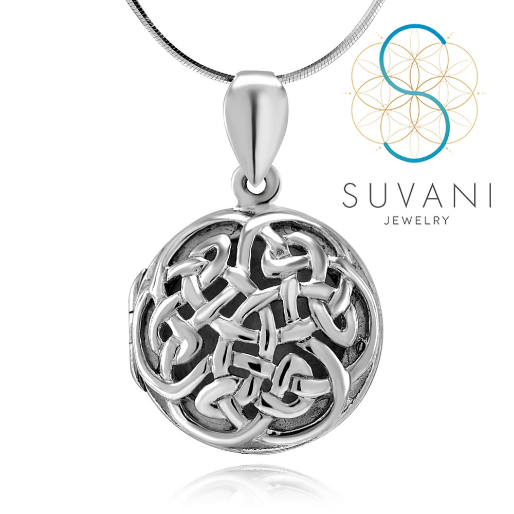 SUVANI เงินแท้ 92.5% ล็อกเก็ตทรงกลม ใส่รูปได้ ลายเซลติก ล็อกเก็ตพร้อมสร้อยคอ เครื่องประดับเงินแท้
