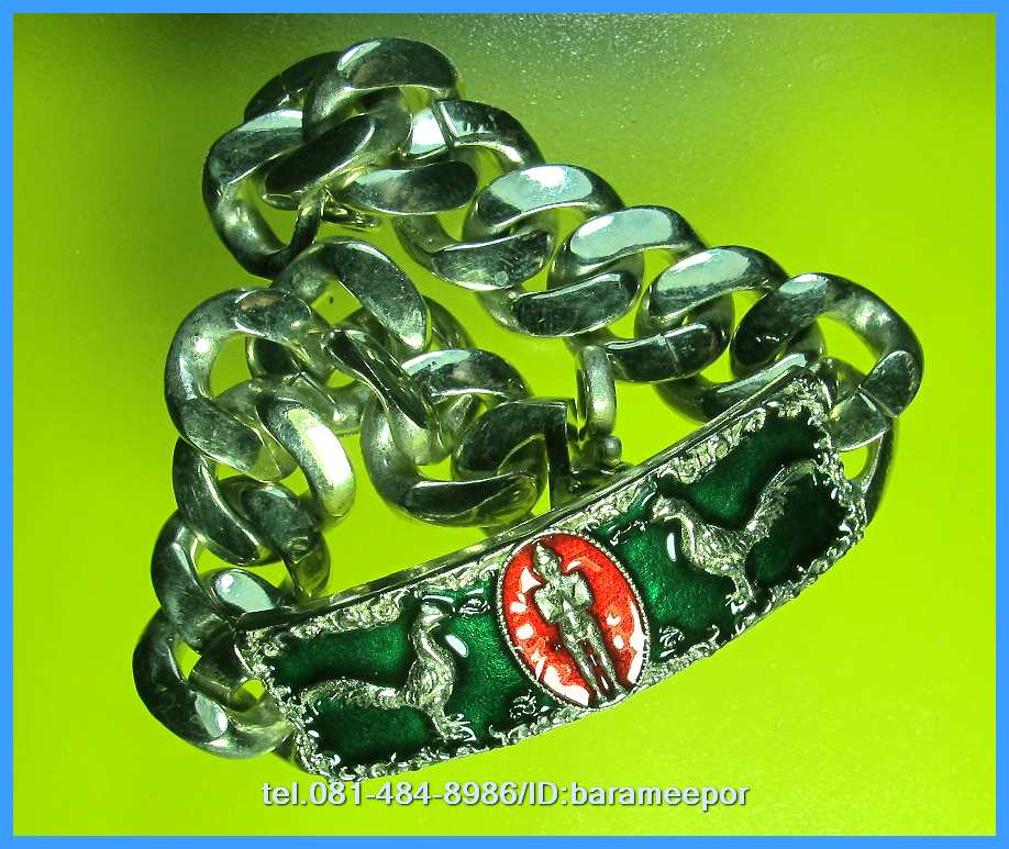 เลสข้อมือผู้ชาย เนื้อซิลเวอร์พลัสลงยาสีเขียว - แดง แบบยาว ไอ้ไข่ วัดเจดีย์ รุ่นที่ระลึกกฐิน ๕๙