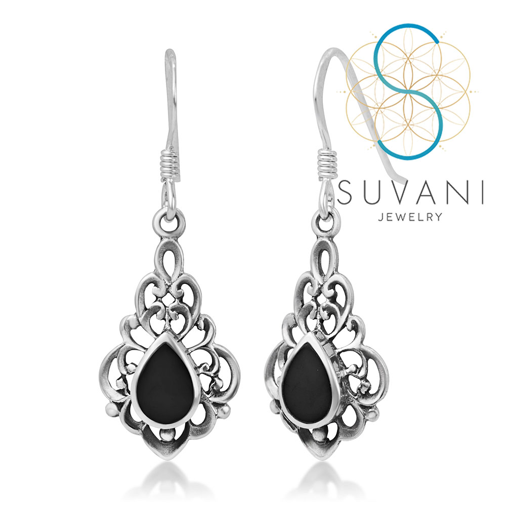 SUVANI เงินแท้ 92.5% ต่างหูหินโอนิกซ์ (Onyx) หินสีดำ ต่างหูห้อย เครื่องประดับเงินแท้