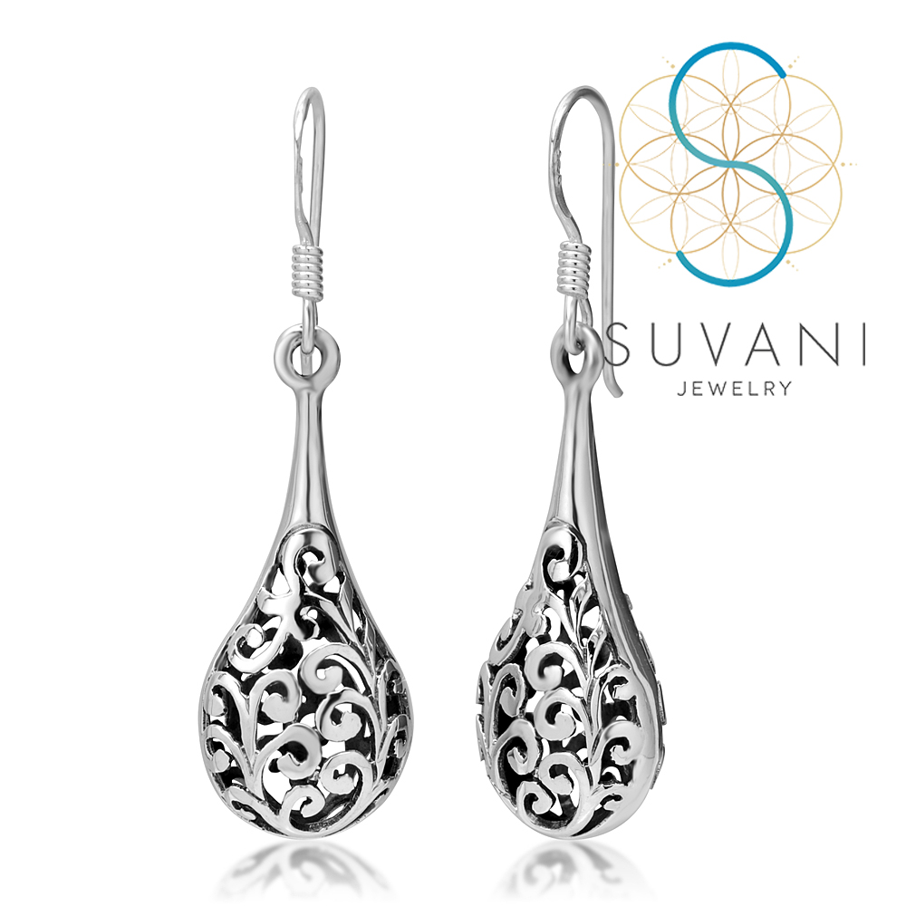 SUVANI เงินแท้ 92.5% ต่างหูทรงหยดน้ำ ลายฟิลิกรี สไตล์บาหลี ต่างหูห้อย เครื่องประดับเงินแท้