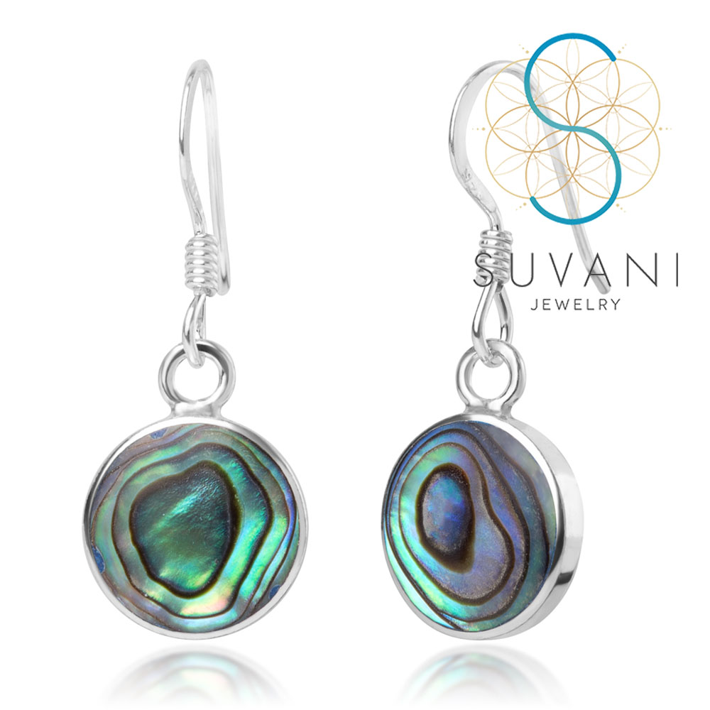 SUVANI เงินแท้ 92.5% ต่างหูเปลือกหอยเป๋าฮื้อ (Abalone Shell) ทรงกลม ต่างหูห้อย เครื่องประดับเงินแท้