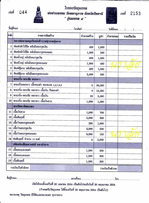 ประวัติจัดสร้างวัตถุมงคล รุ่นมงคล ๙ พ่อท่านพรหม วัดพลานุภาพ ปัตตานี ปี 2554