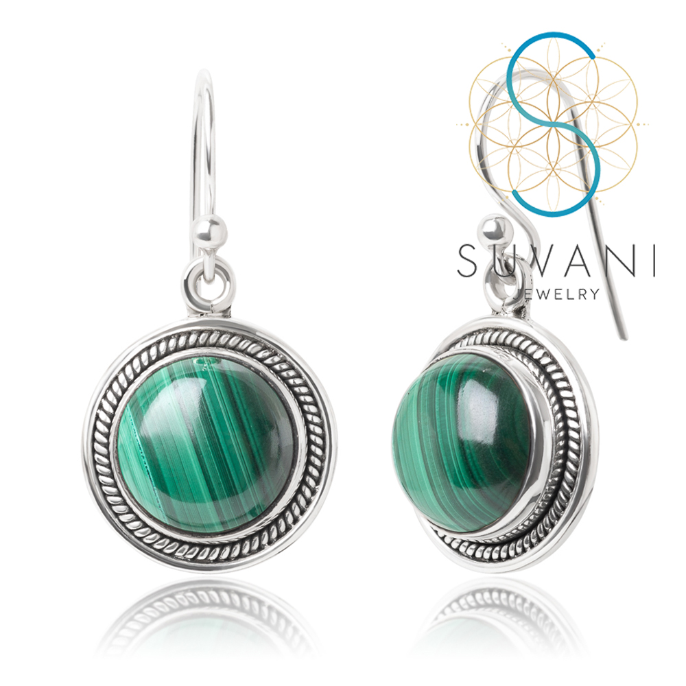 SUVANI เงินแท้ 92.5% ต่างหูหินมาลาไคต์ สีเขียว (Malachite) ทรงกลม ต่างหูห้อย เครื่องประดับเงินแท้
