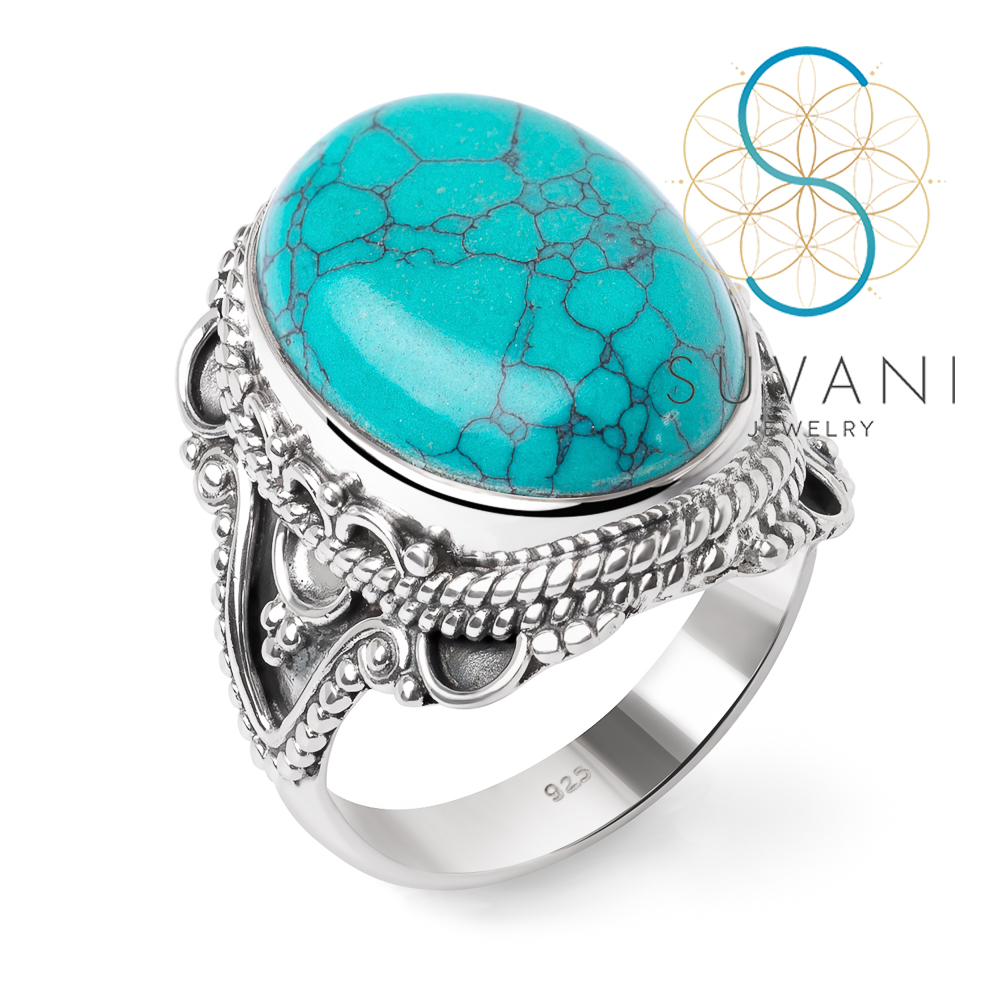 SUVANI เงินแท้ 92.5% แหวนหินเทอควอยซ์ (Turquoise) ทรงวงรี แหวนไซส์ 6 - 8 เครื่องประดับเงินแท้