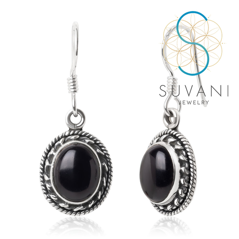 SUVANI เงินแท้ 92.5% ต่างหูหินโอนิกซ์ (Onyx) หินสีดำ ต่างหูห้อย เครื่องประดับเงินแท้