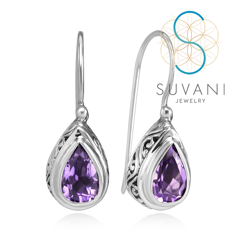 SUVANI เงินแท้ 92.5% ต่างหูหินอเมทิสต์ (Amethyst) หินสีม่วง สไตล์บาหลี ลายฟิลิกรี ทรงหยดน้ำ ต่างหูห้อย เครื่องประดับเงินแท้