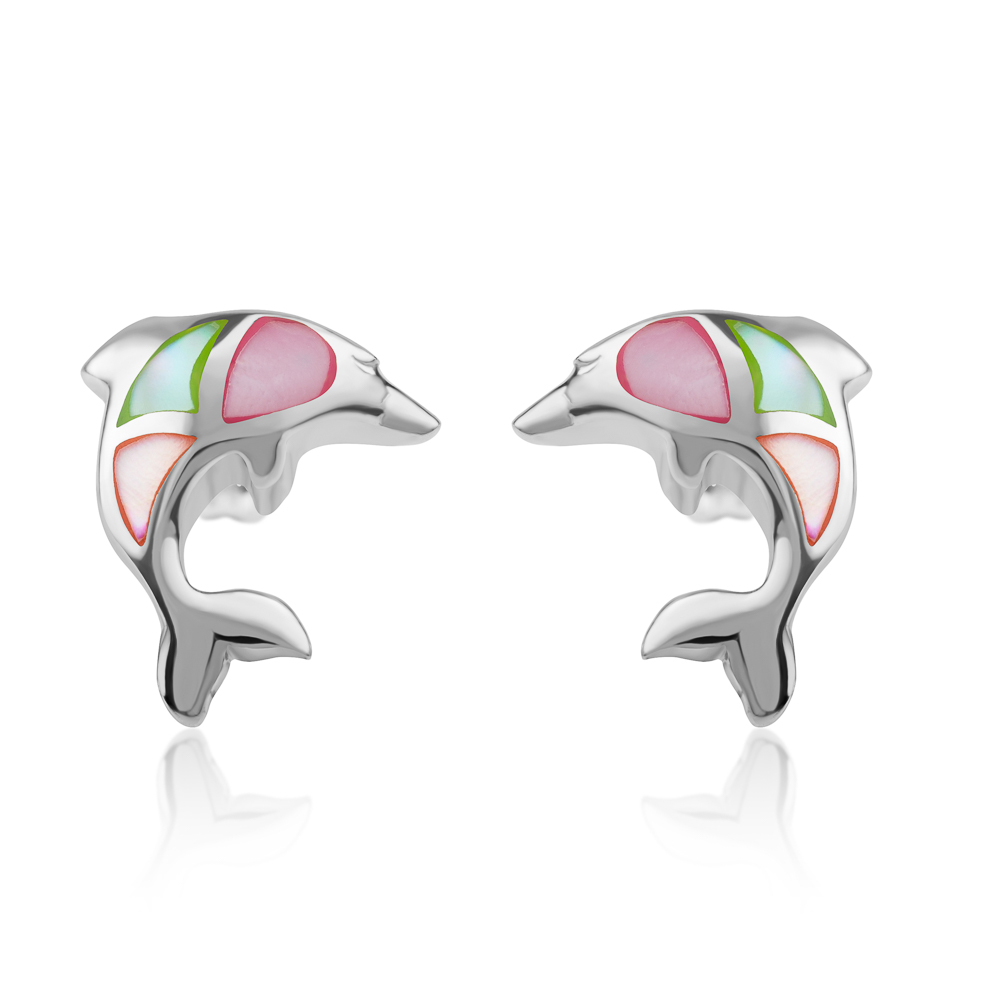 Suvani Jewelry - Earring Silver 925% ต่างหูปลาโลมาฝังเปลือกหอยหลากสี Mother Of Pearl Shell Dolphin Stud Earrings