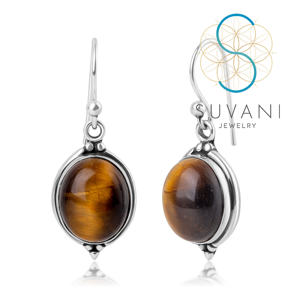 SUVANI เงินแท้ 92.5% ต่างหูไทเกอร์อาย (Tigers Eye) หินสีน้ำตาล ทรงวงรี ต่างหูห้อย เครื่องประดับเงินแท้