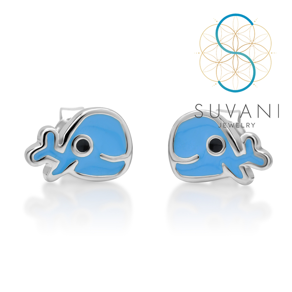 SUVANI เงินแท้ 92.5% ต่างหูวาฬ สีฟ้า ขนาดเล็กน่ารัก ต่างหูปักก้าน เครื่องประดับเงินแท้