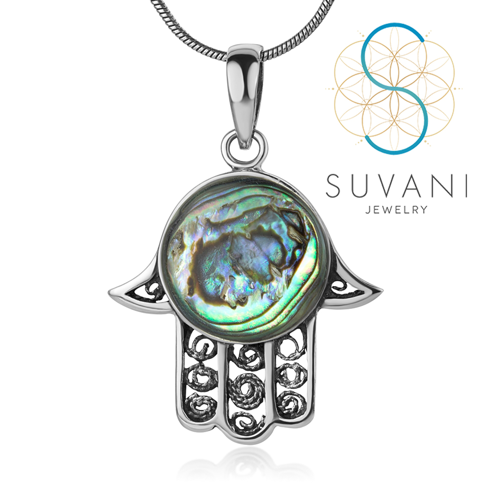SUVANI เงินแท้ 92.5% จี้มือของพระเจ้า ประดับด้วยเปลือกหอยเป๋าฮื้อ จี้พร้อมสร้อยคอ เครื่องประดับเงินแท้