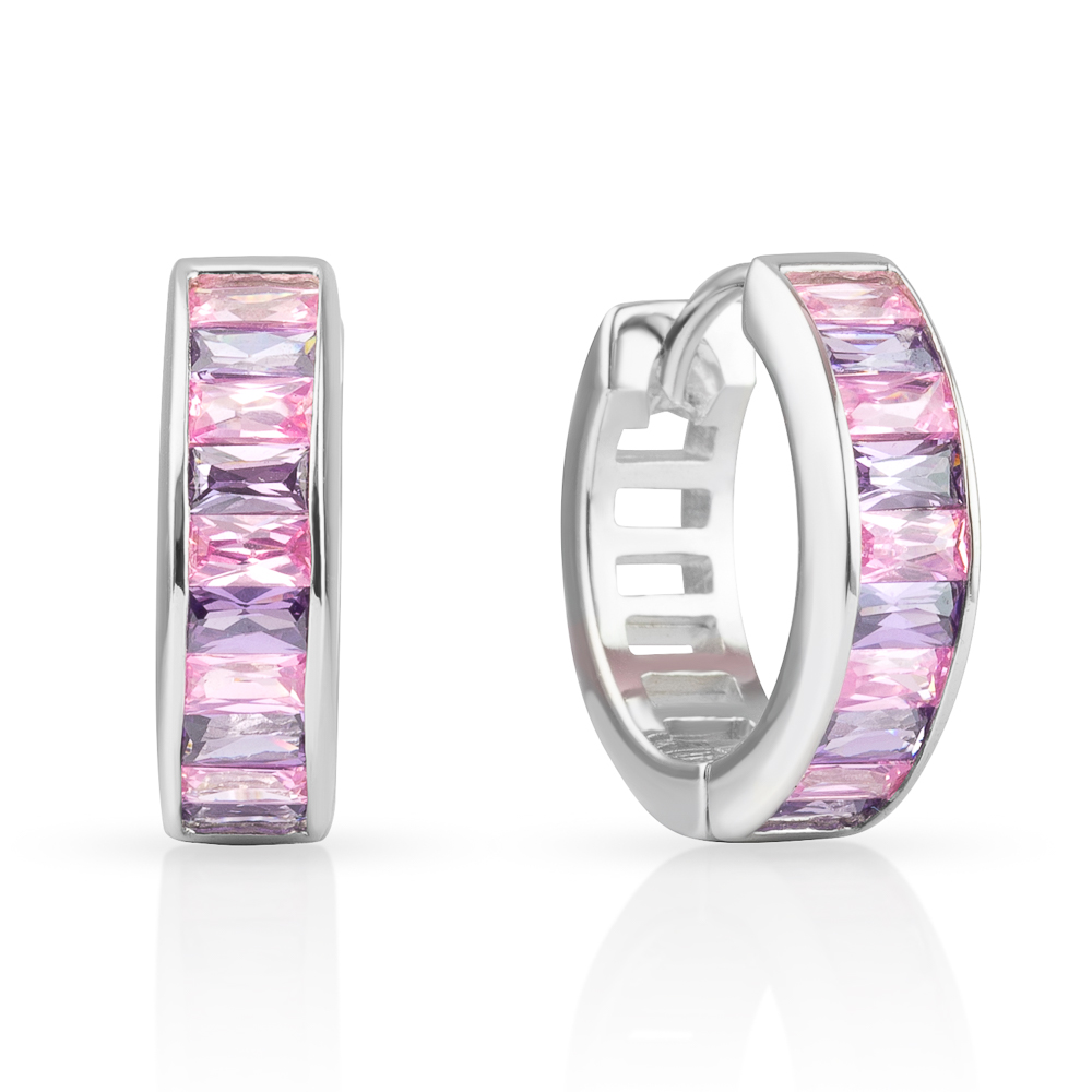 Suvani Jewelry - เงินแท้ 92.5% ต่างหูห้อย CZ สีม่วงสลับสีชมพู ทรงกลม ต่างหูเงินแท้ น่ารัก ใส่ได้ทุกโอกาส