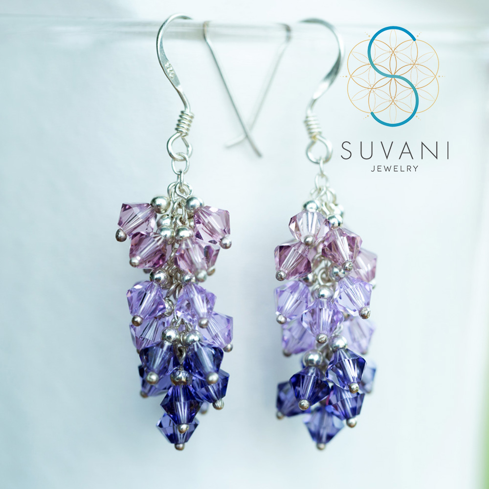 SUVANI ต่างหูเงินแท้ 92.5% ต่างหูคริสตัส ม่วง (Crystal) แบบพวงองุ่น ต่างหูห้อยเงินแท้