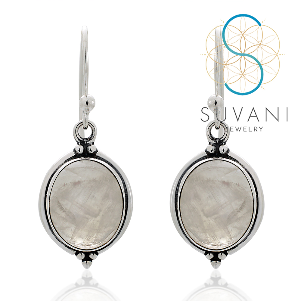 SUVANI เงินแท้ 92.5% ต่างหูมูนสโตน (Moonstone) หินสีขาว ทรงวงรี แนววินเทจ ต่างหูห้อย เครื่องประดับเงินแท้