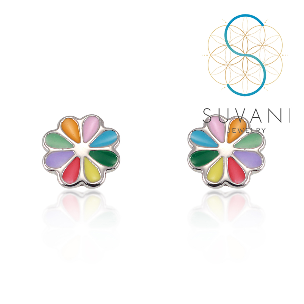 SUVANI เงินแท้ 92.5% ต่างหูดอกทานตะวันหลากสี มีขนาดเล็กน่ารัก ต่างหูปักก้าน เครื่องประดับเงินแท้